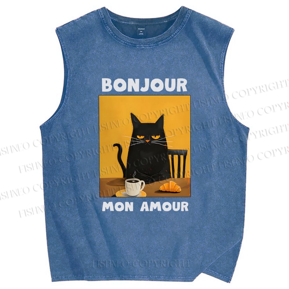 Unisex Black Cat Breakfast Printed Washed Tank Top
