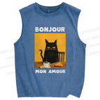 Unisex Black Cat Breakfast Printed Washed Tank Top