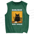 Unisex Black Cat Breakfast Printed Washed Tank Top