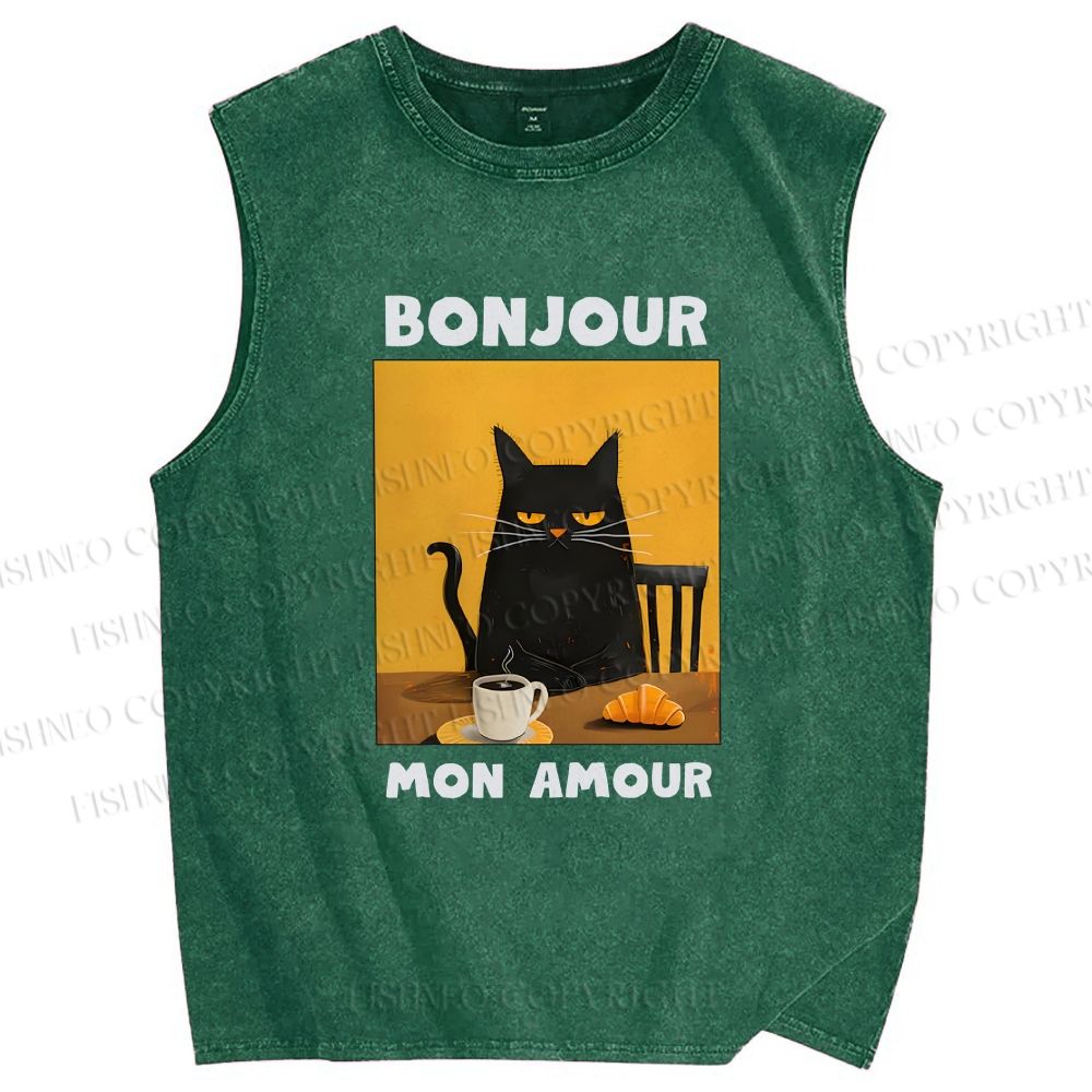 Unisex Black Cat Breakfast Printed Washed Tank Top