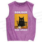 Unisex Black Cat Breakfast Printed Washed Tank Top
