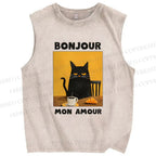 Unisex Black Cat Breakfast Printed Washed Tank Top