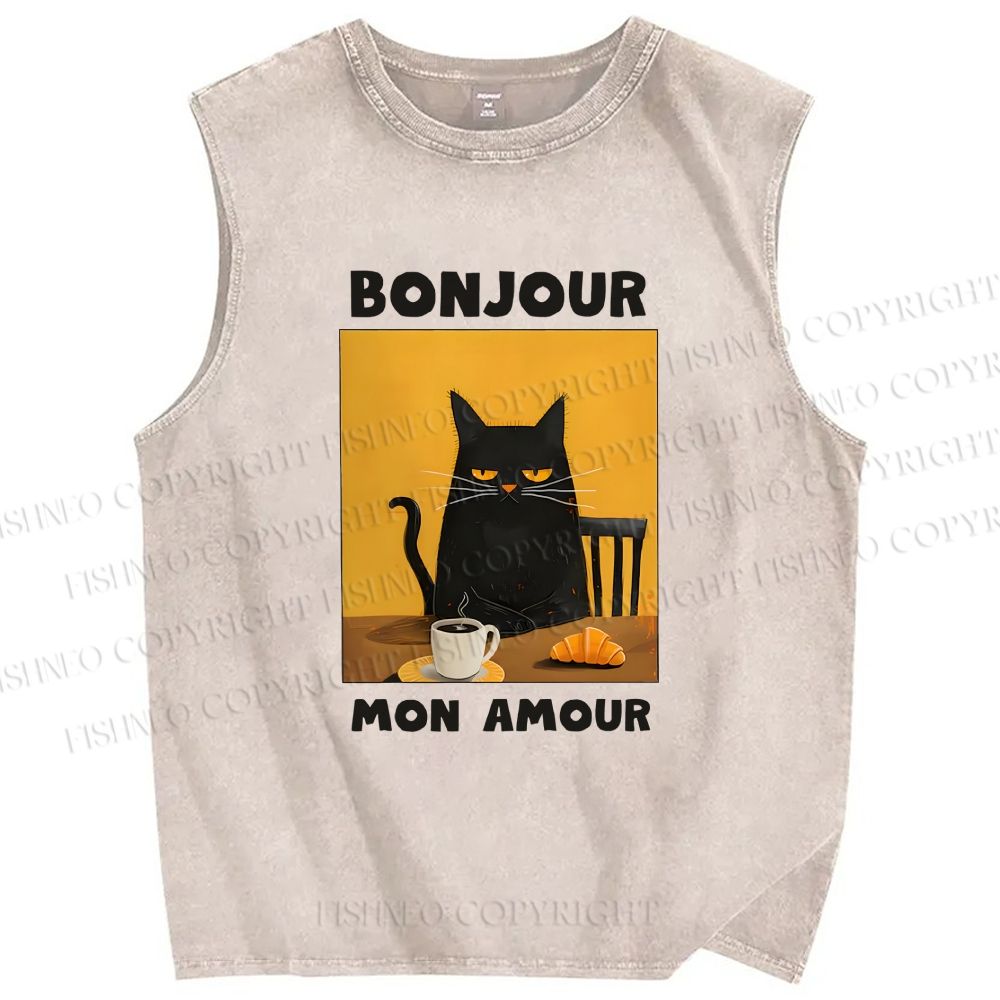 Unisex Black Cat Breakfast Printed Washed Tank Top