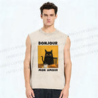 Unisex Black Cat Breakfast Printed Washed Tank Top