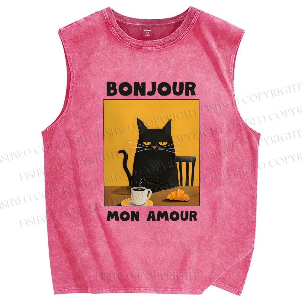 Unisex Black Cat Breakfast Printed Washed Tank Top