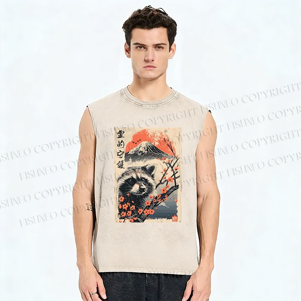 Unisex Raccoon Guardian Printed Washed Tank Top