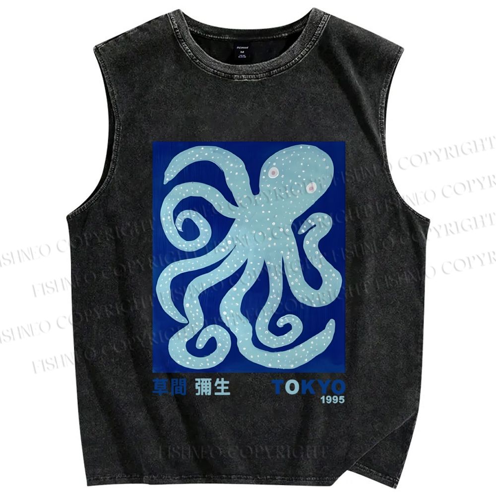 Unisex Yayoi Kusama Blue Octopus Printed Washed Tank Top