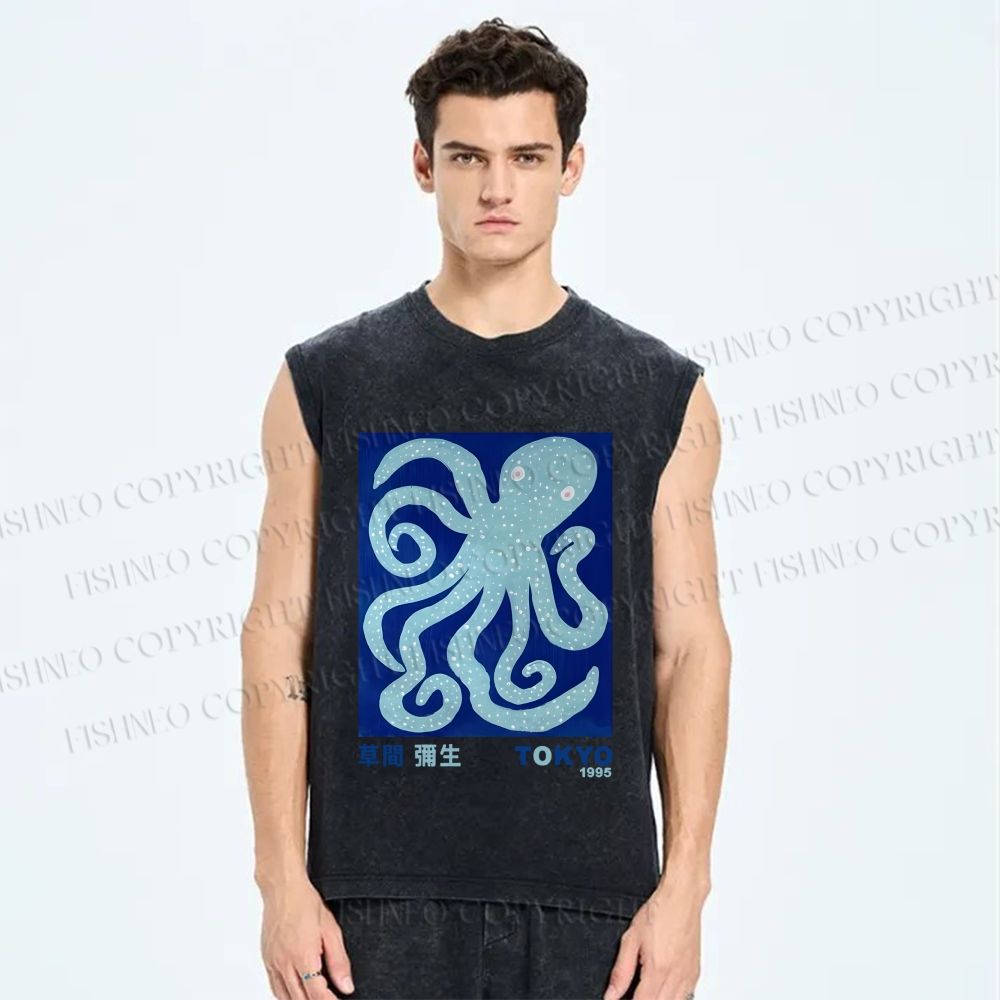 Unisex Yayoi Kusama Blue Octopus Printed Washed Tank Top