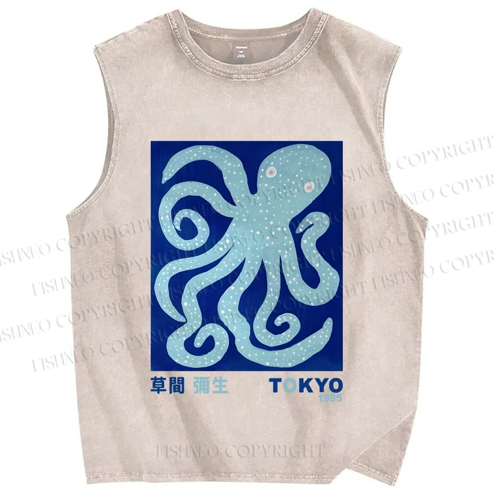 Unisex Yayoi Kusama Blue Octopus Printed Washed Tank Top