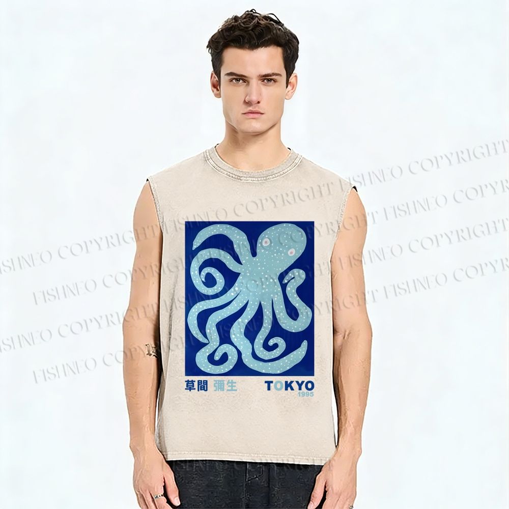 Unisex Yayoi Kusama Blue Octopus Printed Washed Tank Top