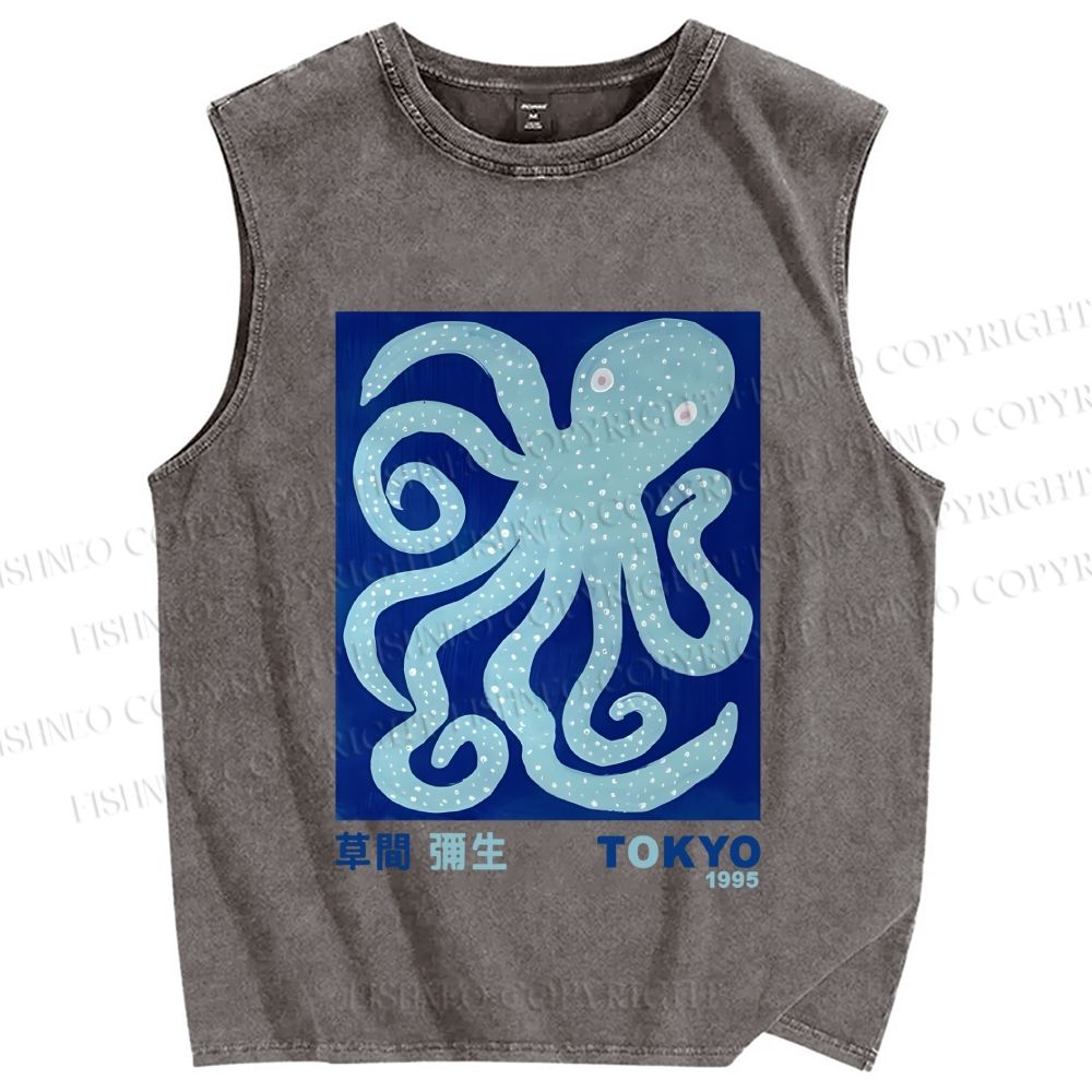 Unisex Yayoi Kusama Blue Octopus Printed Washed Tank Top