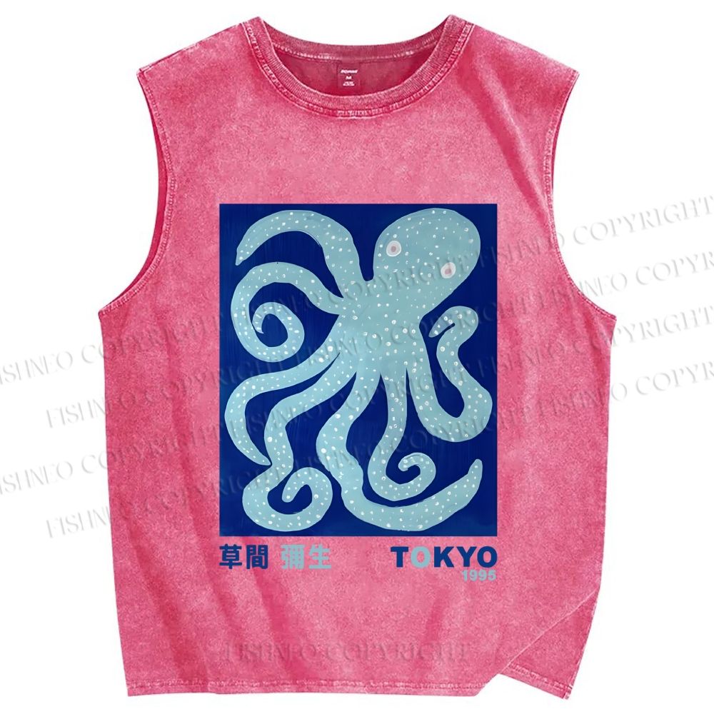 Unisex Yayoi Kusama Blue Octopus Printed Washed Tank Top