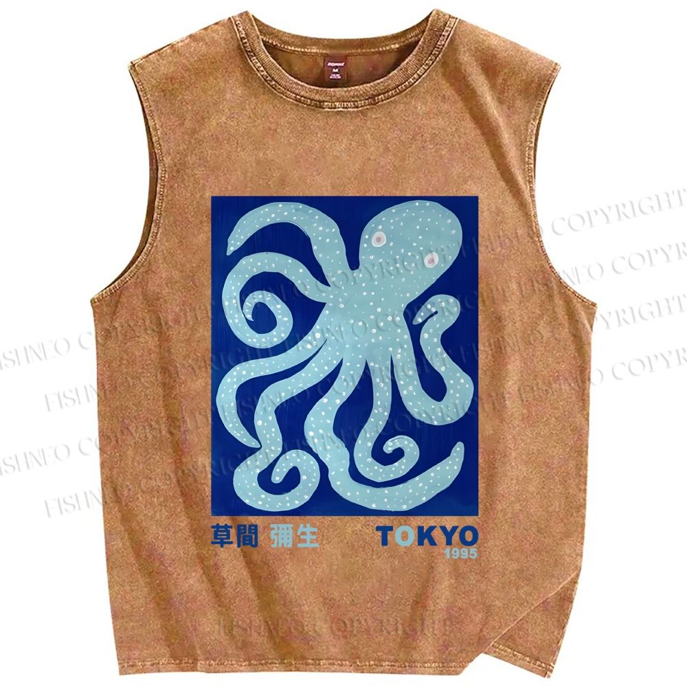 Unisex Yayoi Kusama Blue Octopus Printed Washed Tank Top
