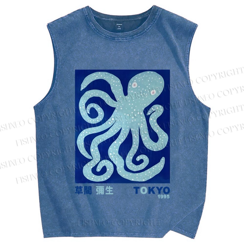Unisex Yayoi Kusama Blue Octopus Printed Washed Tank Top