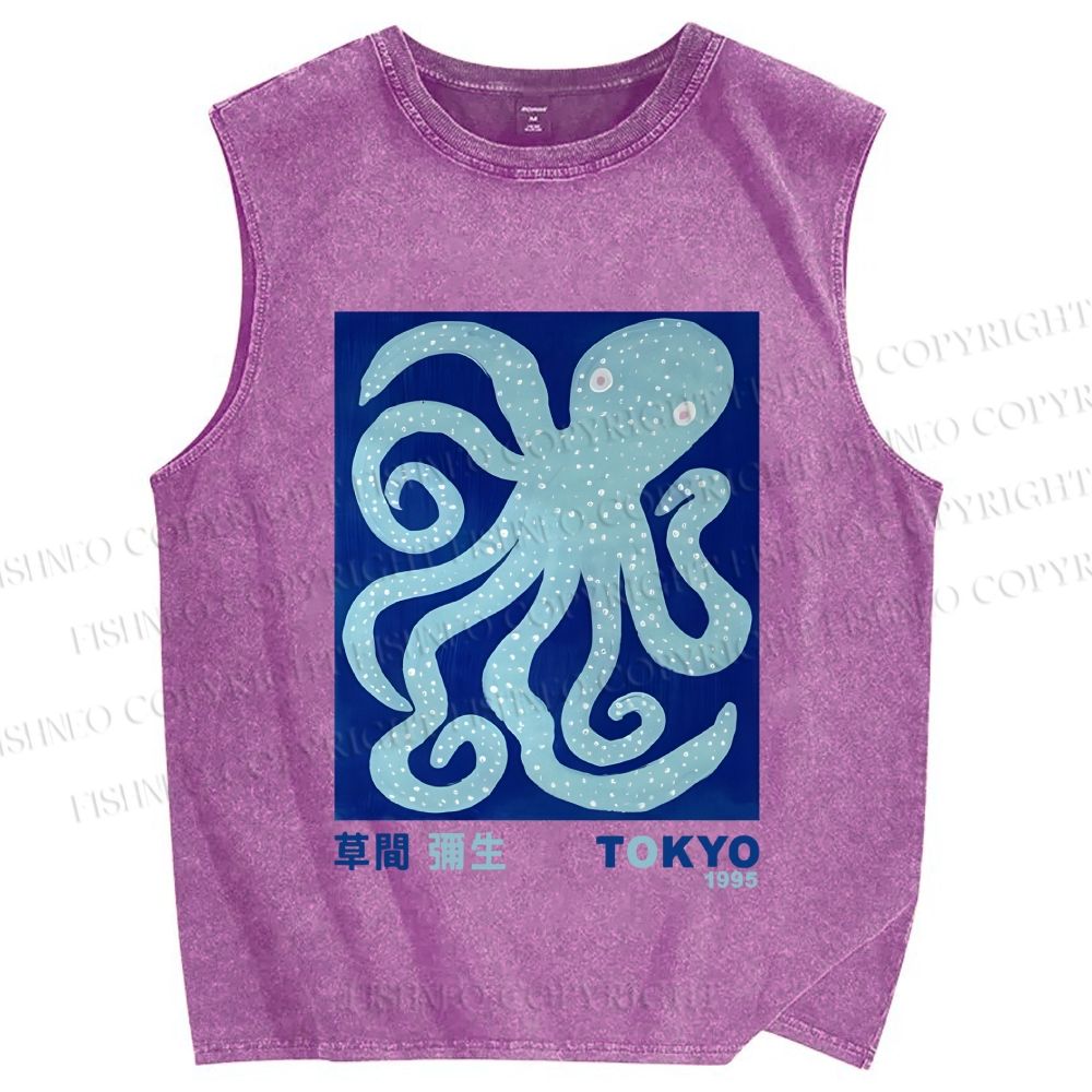 Unisex Yayoi Kusama Blue Octopus Printed Washed Tank Top
