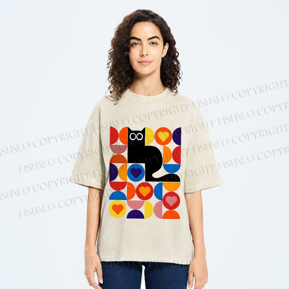 Unisex Bauhaus Black Cat Printed Washed Tee