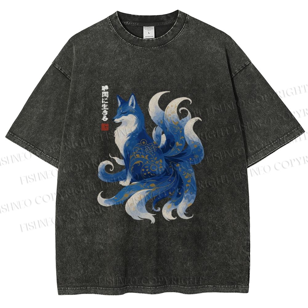 Unisex Serene Fox in Traditional Japanese Ink Style Printed Washed Tee