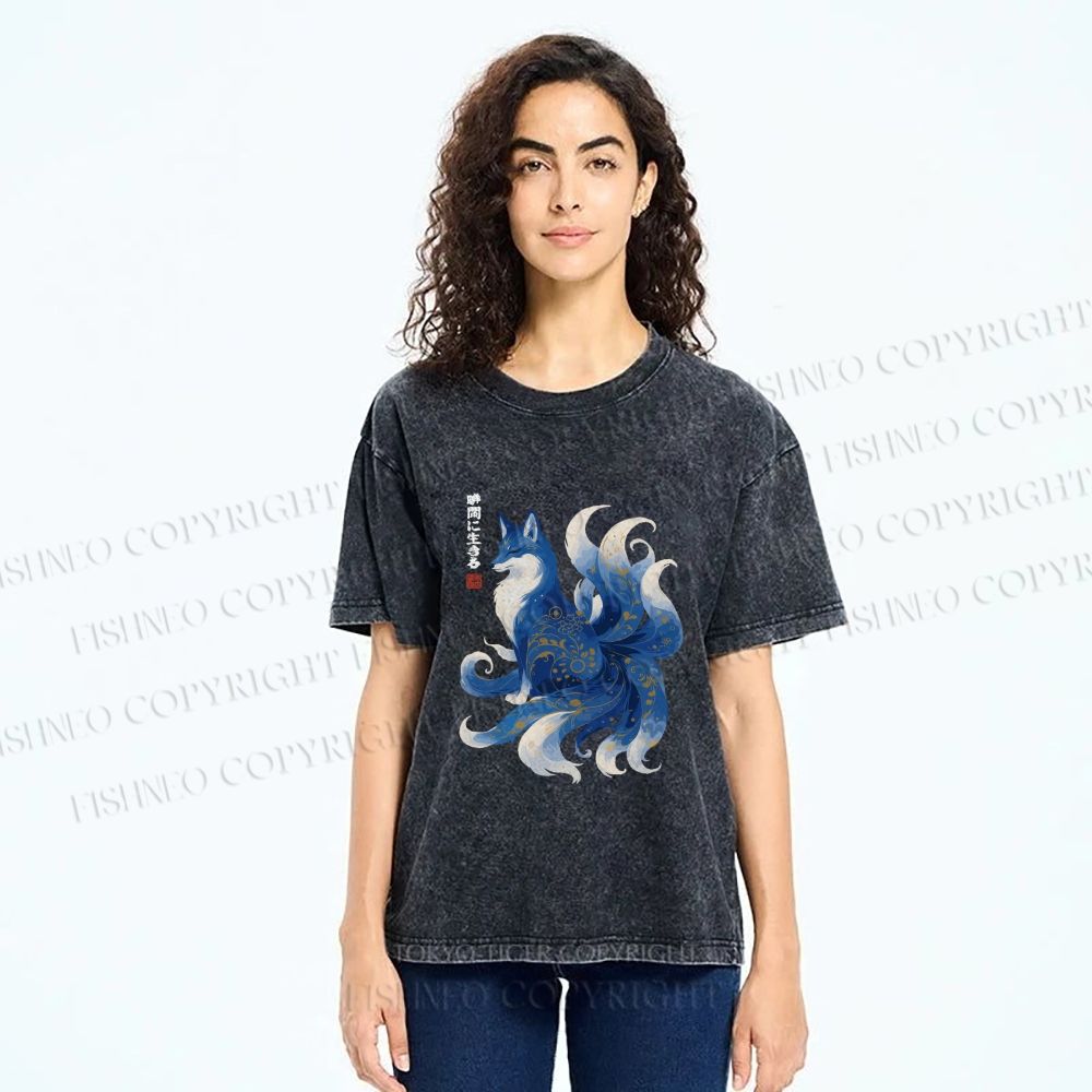 Unisex Serene Fox in Traditional Japanese Ink Style Printed Washed Tee