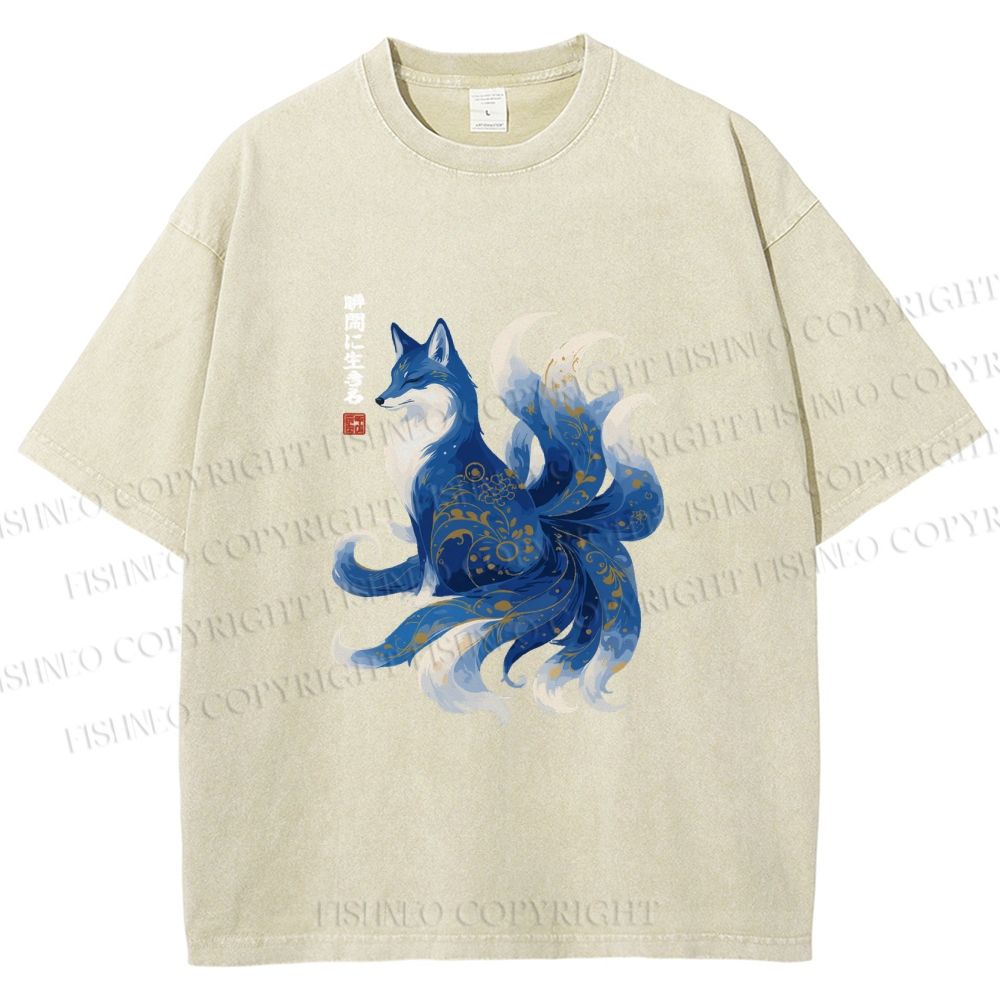 Unisex Serene Fox in Traditional Japanese Ink Style Printed Washed Tee