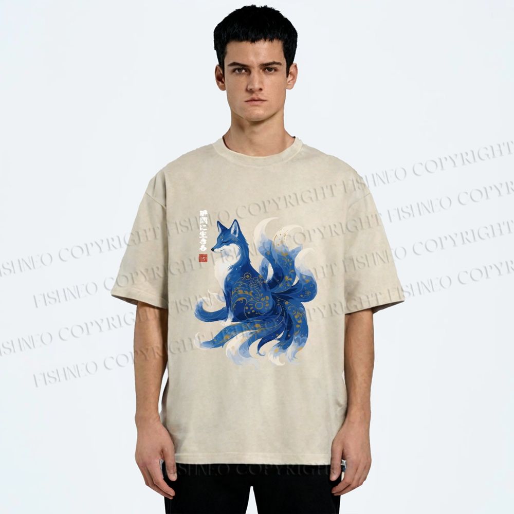 Unisex Serene Fox in Traditional Japanese Ink Style Printed Washed Tee
