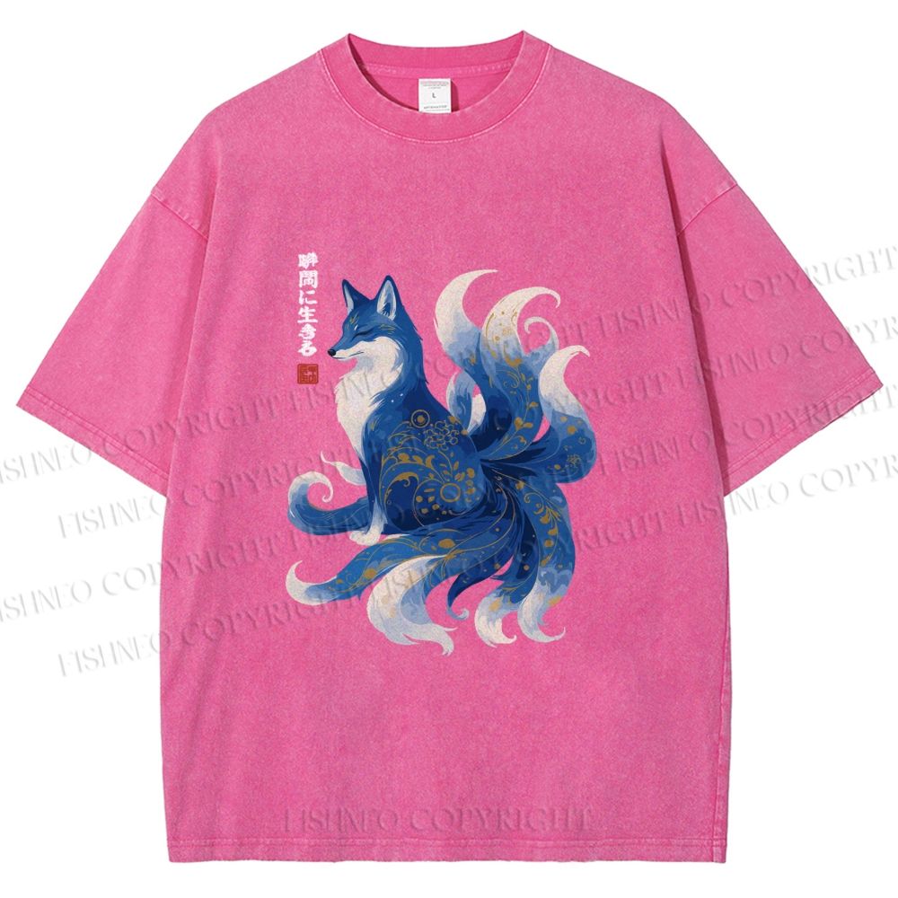 Unisex Serene Fox in Traditional Japanese Ink Style Printed Washed Tee