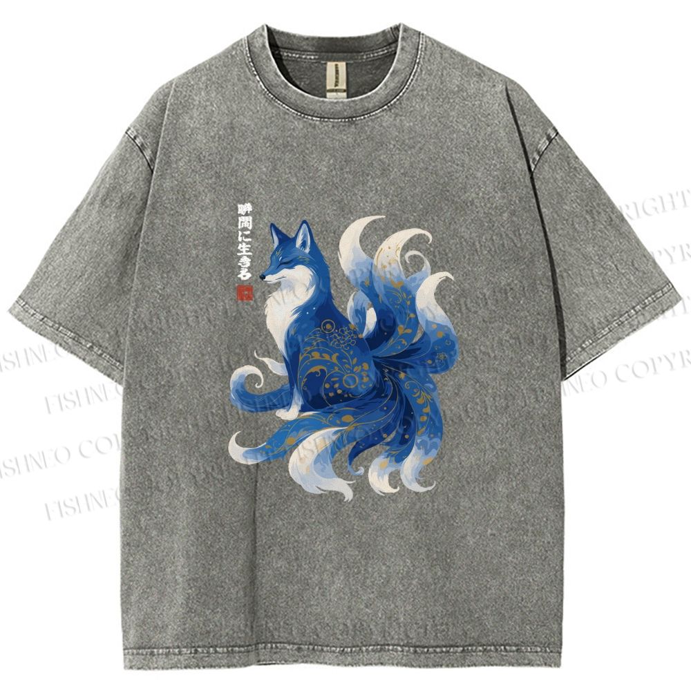 Unisex Serene Fox in Traditional Japanese Ink Style Printed Washed Tee