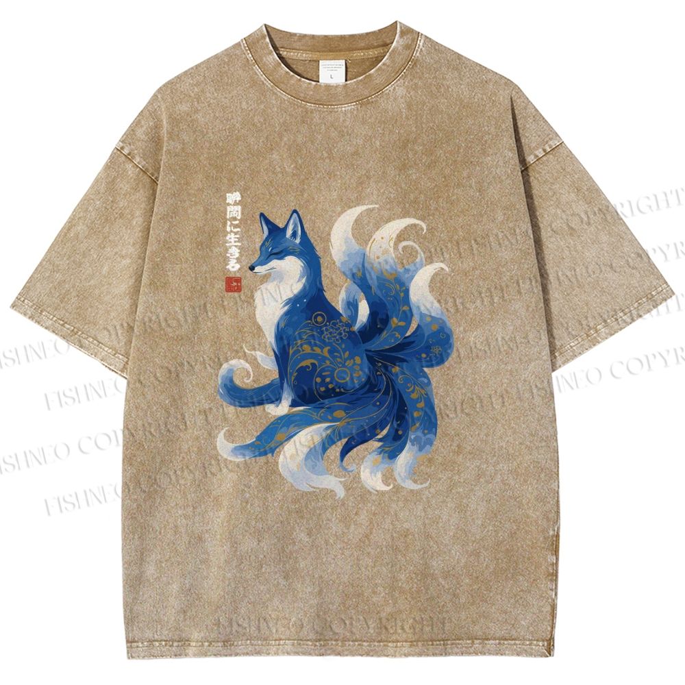 Unisex Serene Fox in Traditional Japanese Ink Style Printed Washed Tee