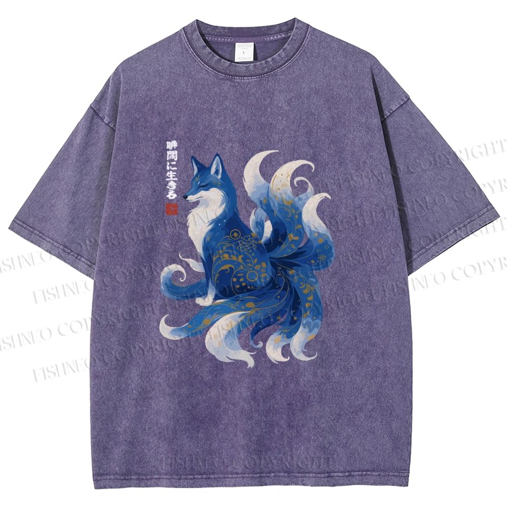 Unisex Serene Fox in Traditional Japanese Ink Style Printed Washed Tee