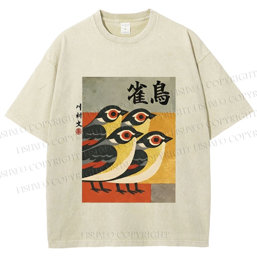Unisex Cute Sparrows in Retro Japanese Style Printed Washed Tee