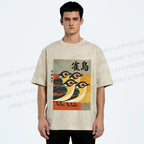 Unisex Cute Sparrows in Retro Japanese Style Printed Washed Tee