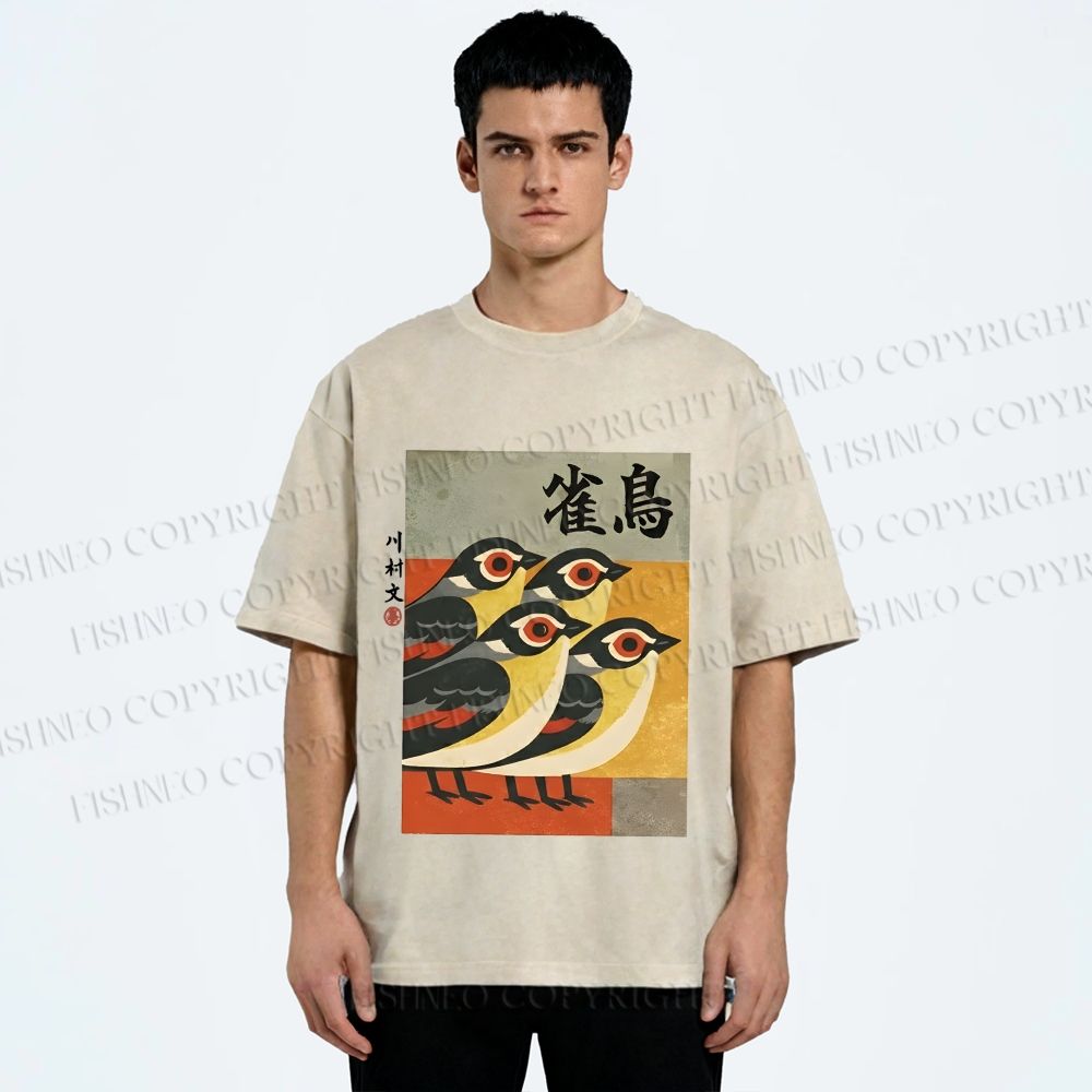 Unisex Cute Sparrows in Retro Japanese Style Printed Washed Tee