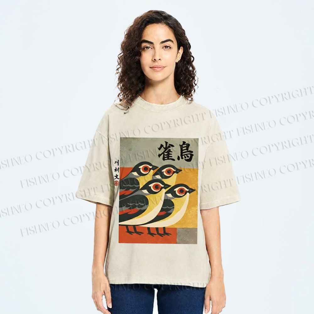 Unisex Cute Sparrows in Retro Japanese Style Printed Washed Tee