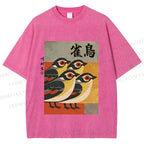 Unisex Cute Sparrows in Retro Japanese Style Printed Washed Tee
