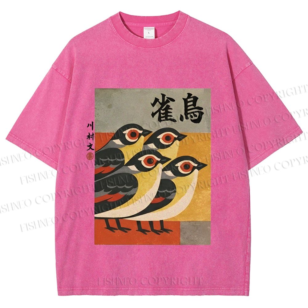 Unisex Cute Sparrows in Retro Japanese Style Printed Washed Tee