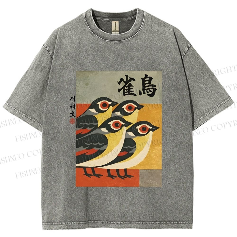Unisex Cute Sparrows in Retro Japanese Style Printed Washed Tee
