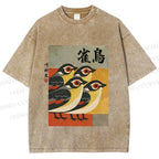 Unisex Cute Sparrows in Retro Japanese Style Printed Washed Tee