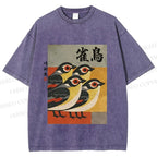 Unisex Cute Sparrows in Retro Japanese Style Printed Washed Tee
