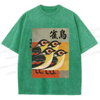 Unisex Cute Sparrows in Retro Japanese Style Printed Washed Tee