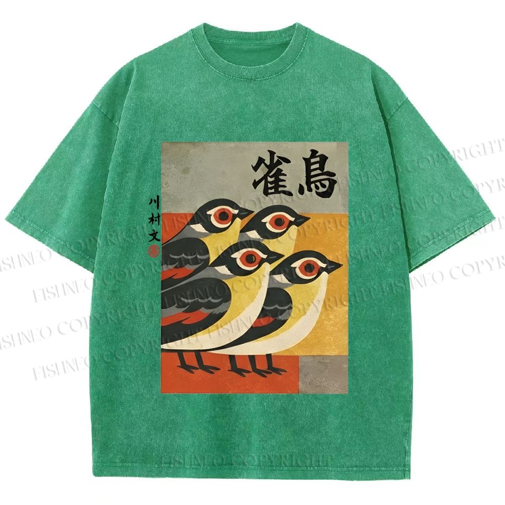 Unisex Cute Sparrows in Retro Japanese Style Printed Washed Tee
