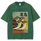 Unisex Cute Sparrows in Retro Japanese Style Printed Washed Tee