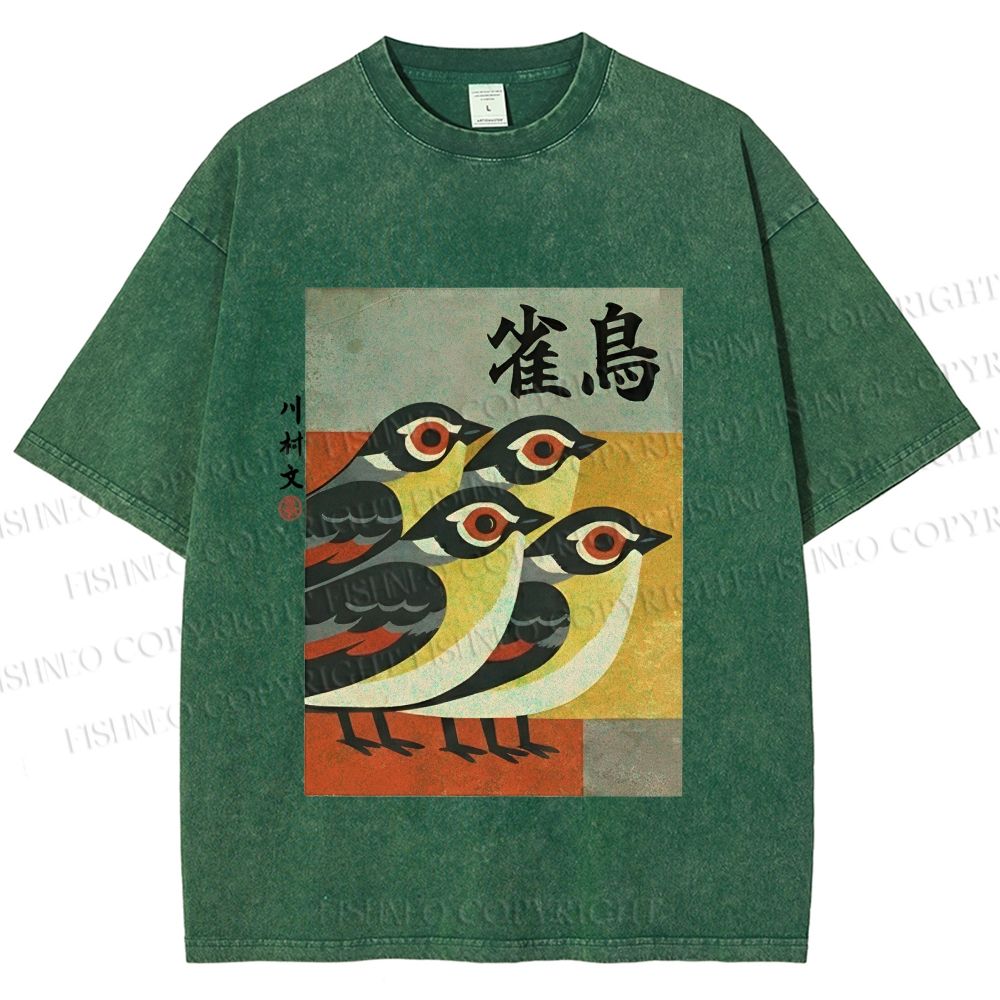 Unisex Cute Sparrows in Retro Japanese Style Printed Washed Tee