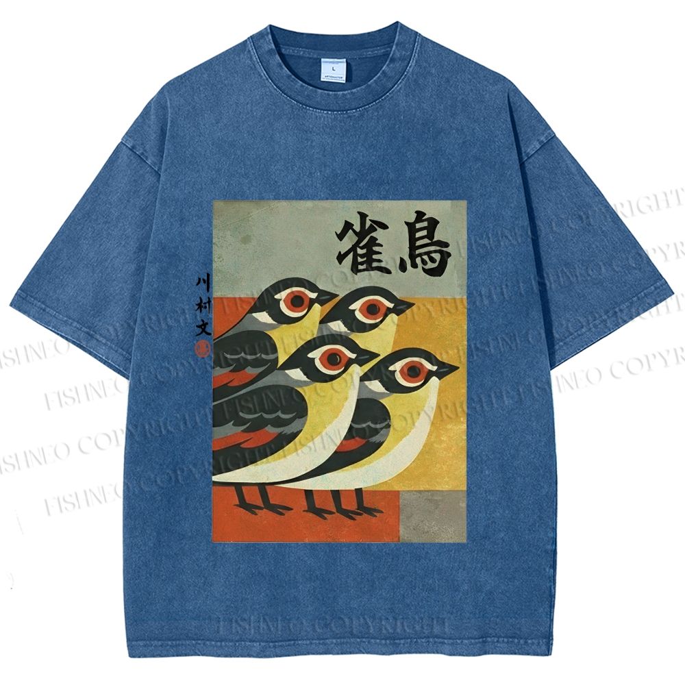 Unisex Cute Sparrows in Retro Japanese Style Printed Washed Tee
