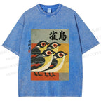 Unisex Cute Sparrows in Retro Japanese Style Printed Washed Tee