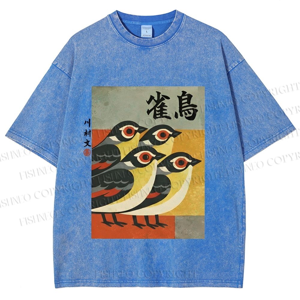 Unisex Cute Sparrows in Retro Japanese Style Printed Washed Tee