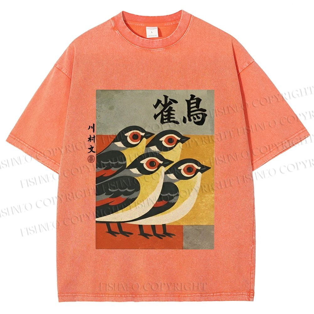 Unisex Cute Sparrows in Retro Japanese Style Printed Washed Tee
