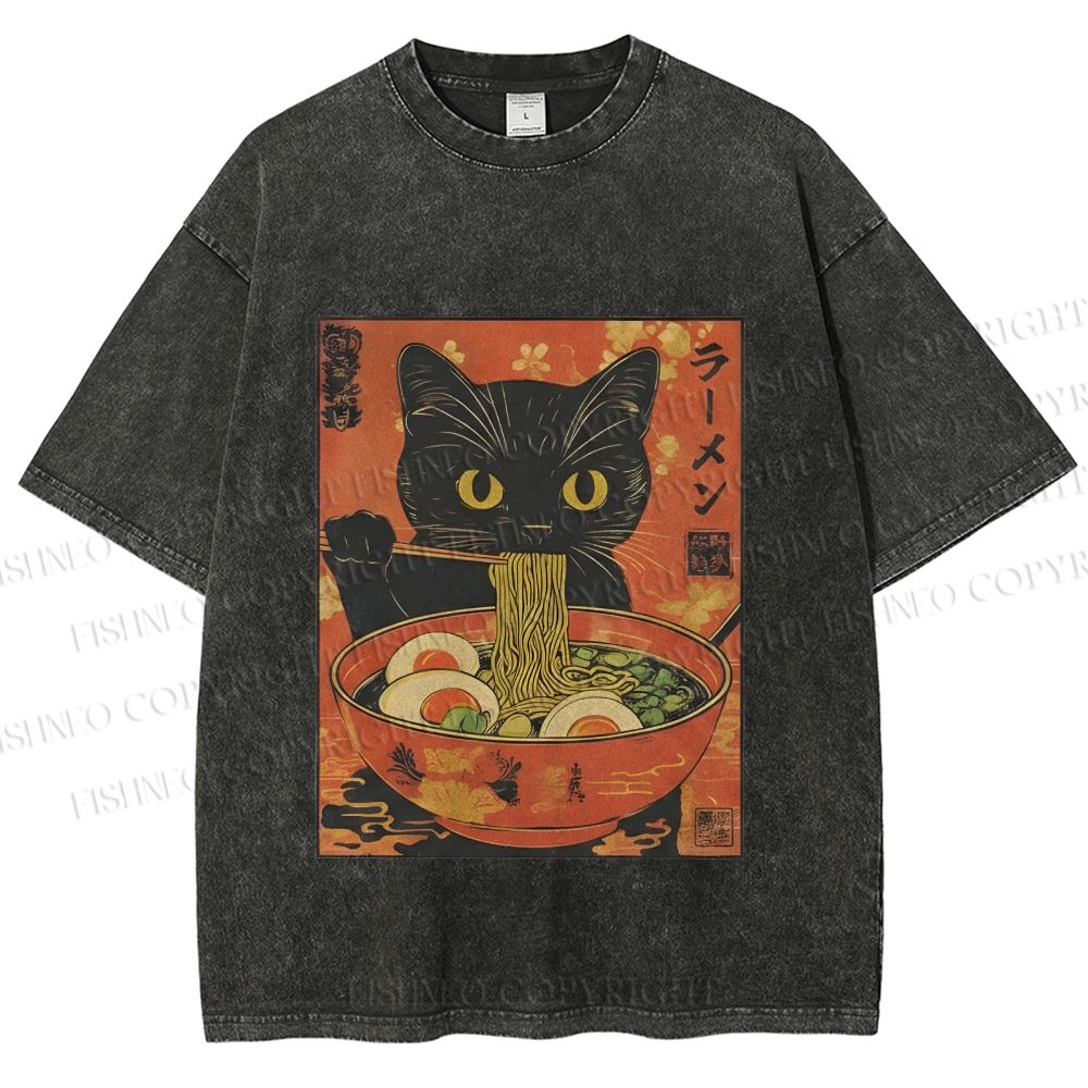 Unisex Black Cat With a Craving for Ramen Printed Washed Tee