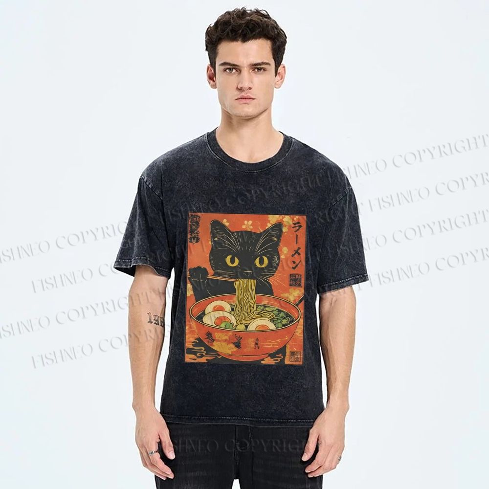 Unisex Black Cat With a Craving for Ramen Printed Washed Tee
