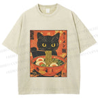 Unisex Black Cat With a Craving for Ramen Printed Washed Tee