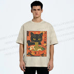 Unisex Black Cat With a Craving for Ramen Printed Washed Tee