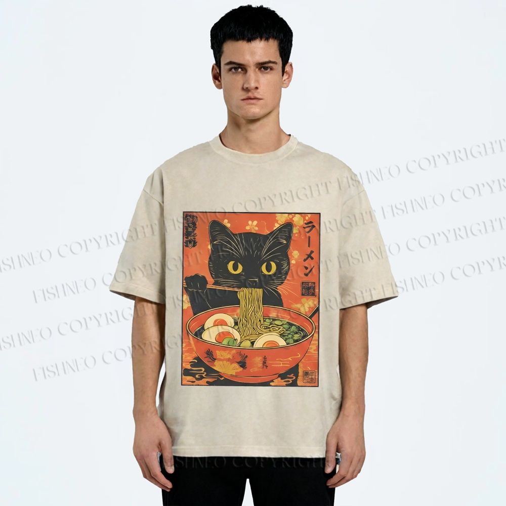Unisex Black Cat With a Craving for Ramen Printed Washed Tee